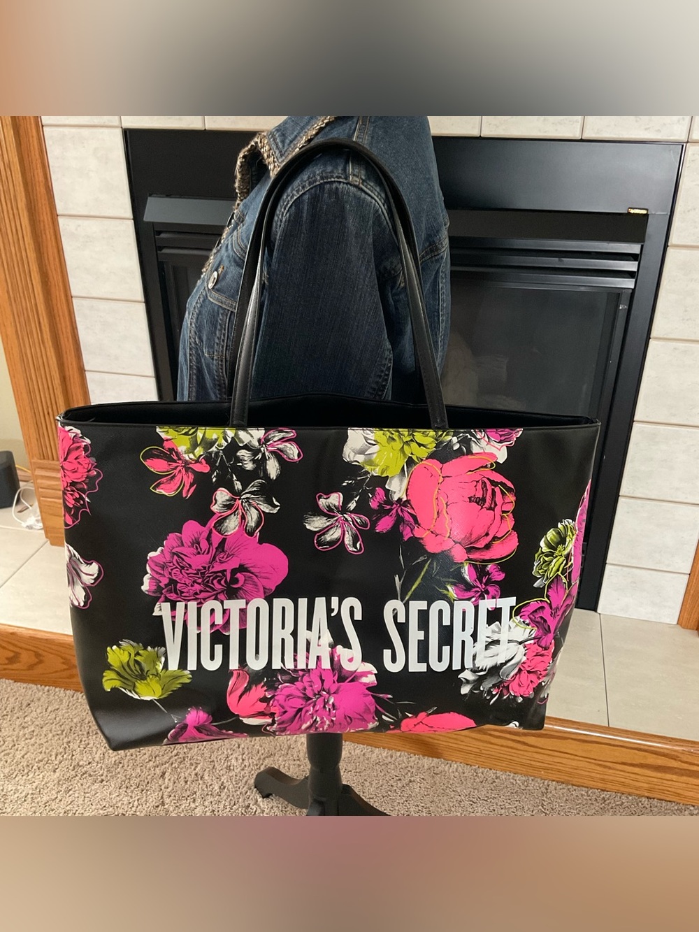 Victoria’s Secret Black Floral Large Shoulder Tote, Travel, Carryall